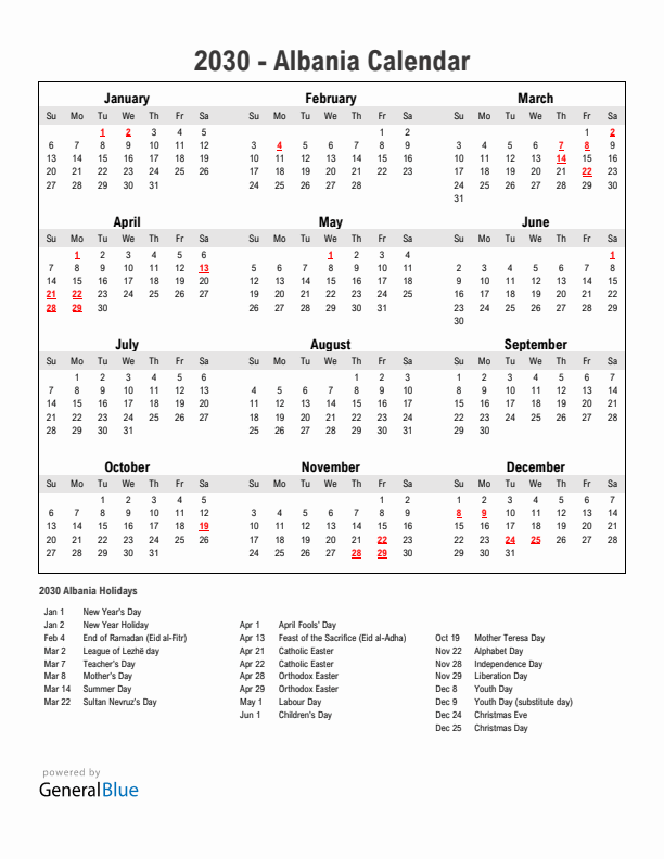 Year 2030 Simple Calendar With Holidays in Albania
