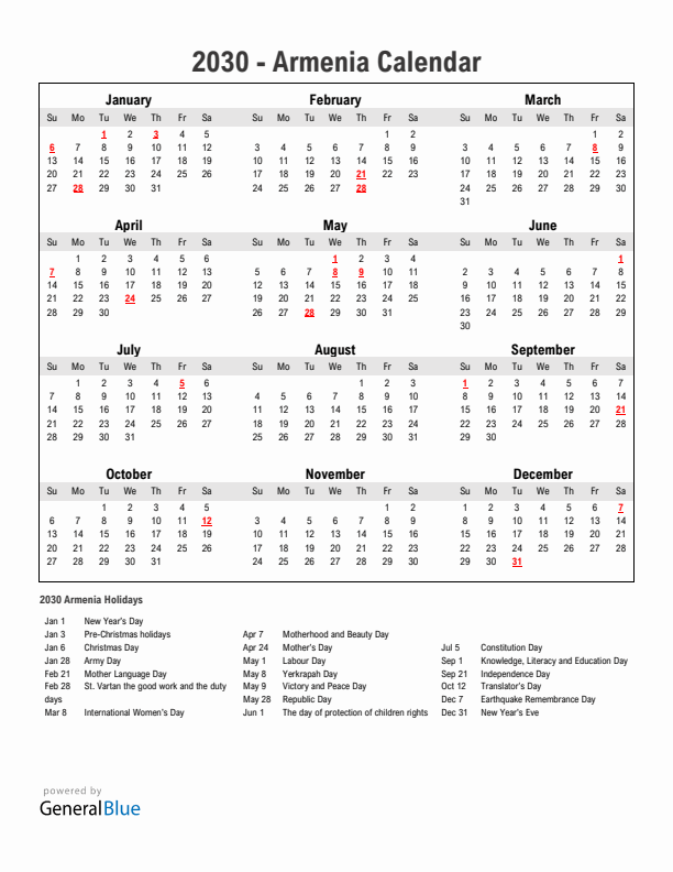 Year 2030 Simple Calendar With Holidays in Armenia