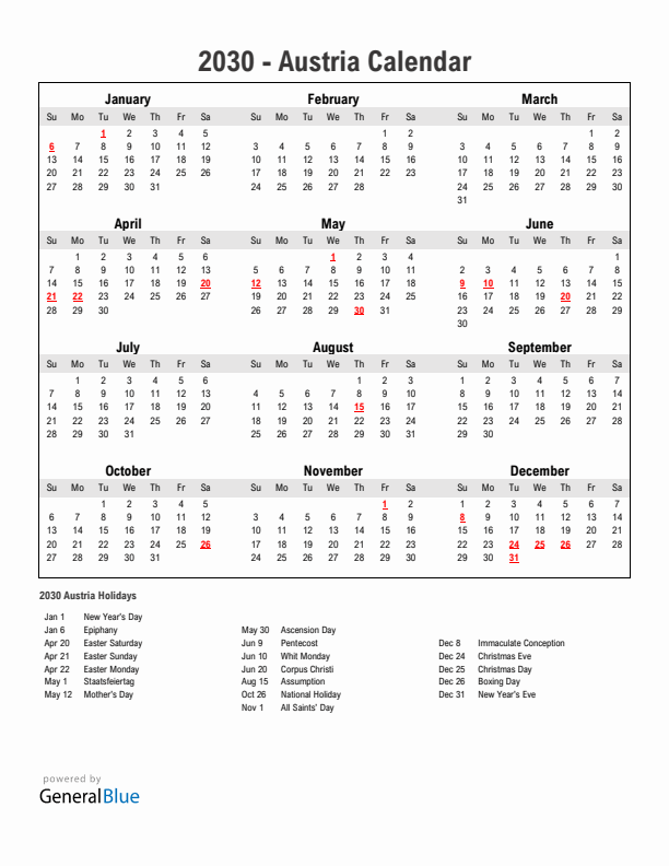 Year 2030 Simple Calendar With Holidays in Austria