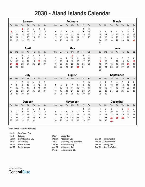 Year 2030 Simple Calendar With Holidays in Aland Islands