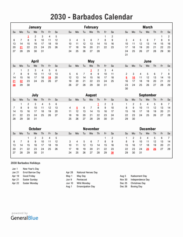 Year 2030 Simple Calendar With Holidays in Barbados