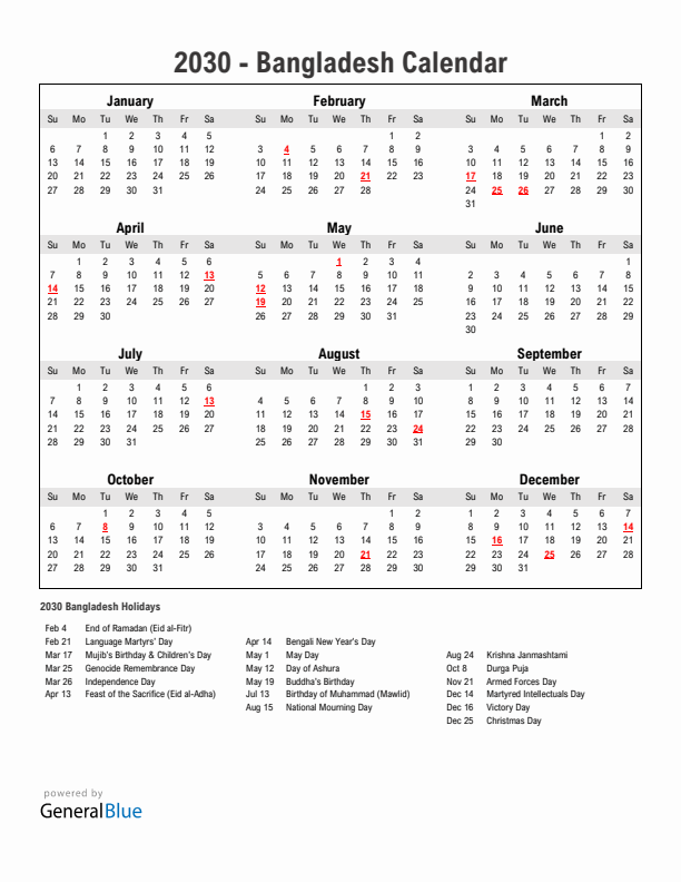 Year 2030 Simple Calendar With Holidays in Bangladesh