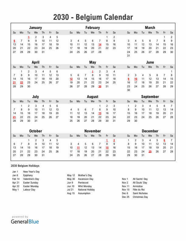 Year 2030 Simple Calendar With Holidays in Belgium