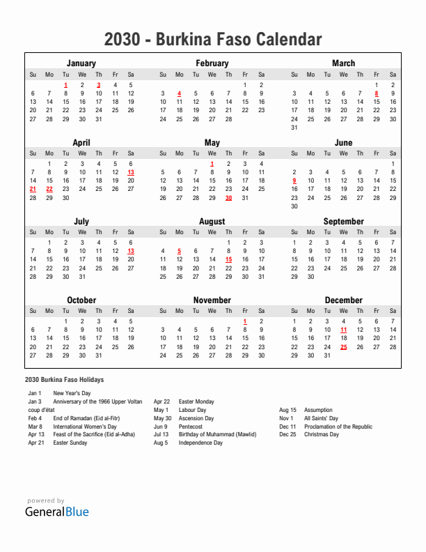 Year 2030 Simple Calendar With Holidays in Burkina Faso