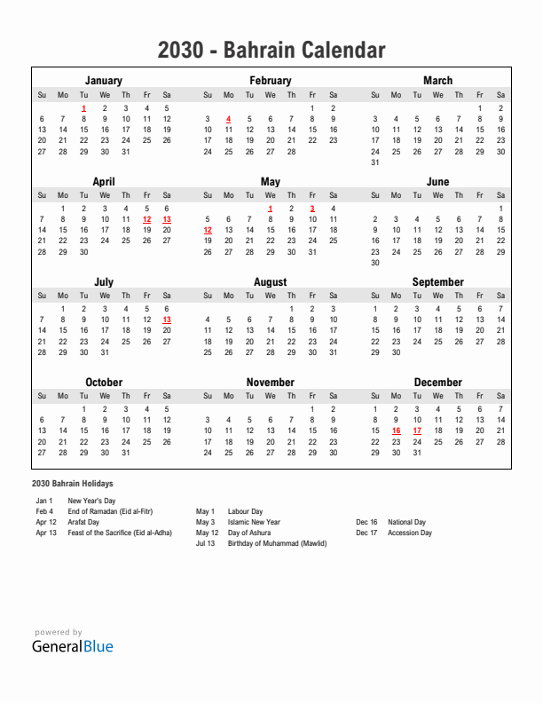 Year 2030 Simple Calendar With Holidays in Bahrain