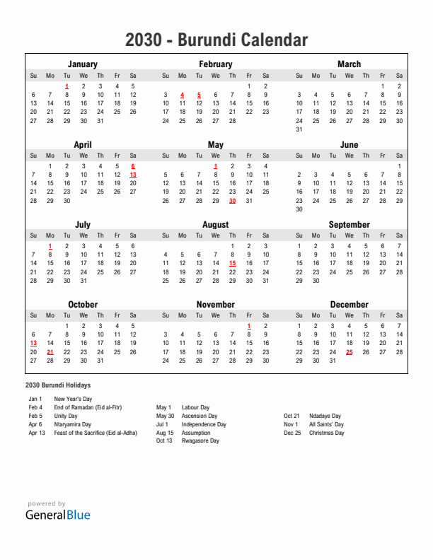 Year 2030 Simple Calendar With Holidays in Burundi