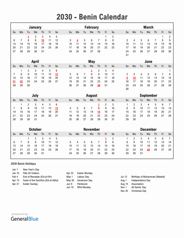 Year 2030 Simple Calendar With Holidays in Benin