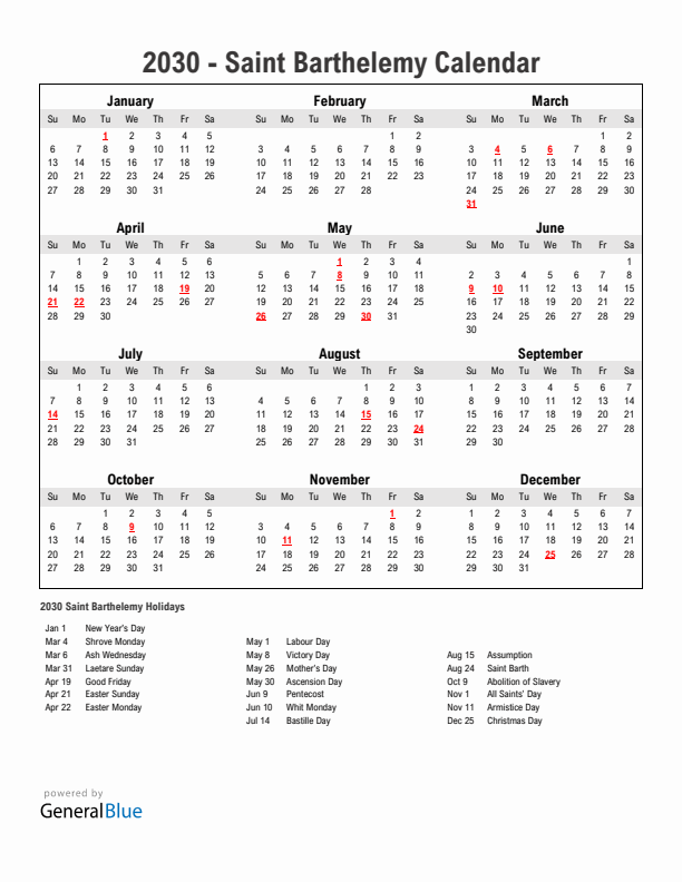 Year 2030 Simple Calendar With Holidays in Saint Barthelemy