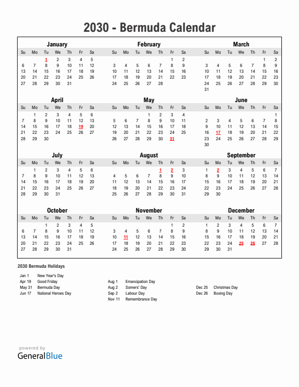 Year 2030 Simple Calendar With Holidays in Bermuda