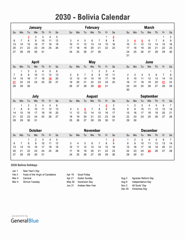 Year 2030 Simple Calendar With Holidays in Bolivia