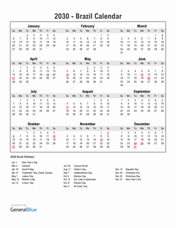 Year 2030 Simple Calendar With Holidays in Brazil