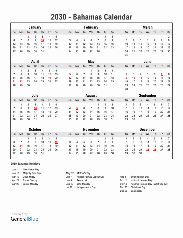 Year 2030 Simple Calendar With Holidays in Bahamas