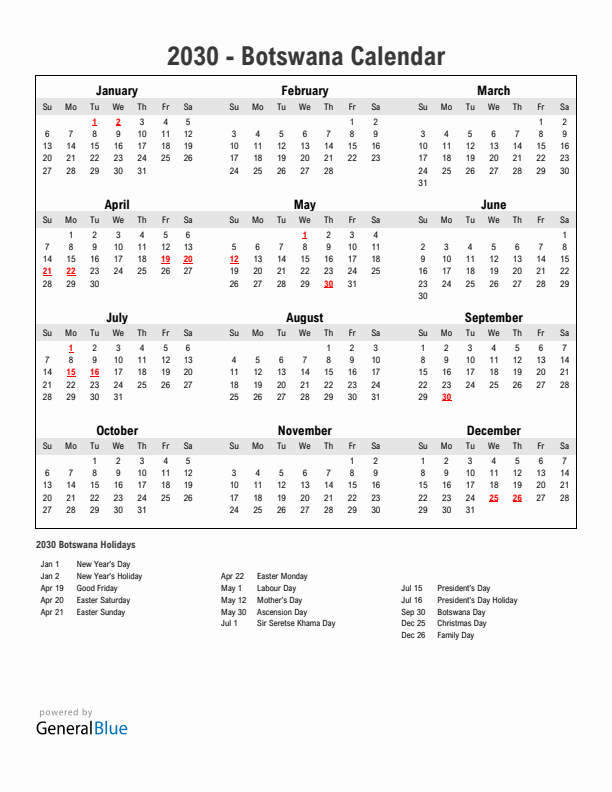 Year 2030 Simple Calendar With Holidays in Botswana