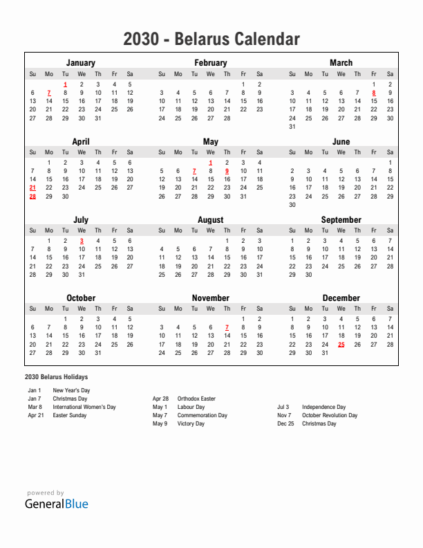 Year 2030 Simple Calendar With Holidays in Belarus