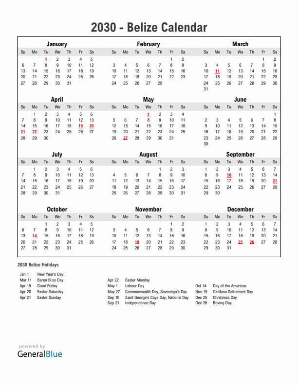 Year 2030 Simple Calendar With Holidays in Belize