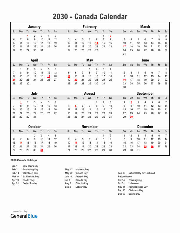 Year 2030 Simple Calendar With Holidays in Canada