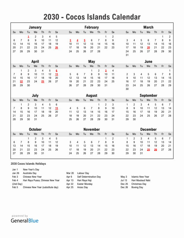 Year 2030 Simple Calendar With Holidays in Cocos Islands
