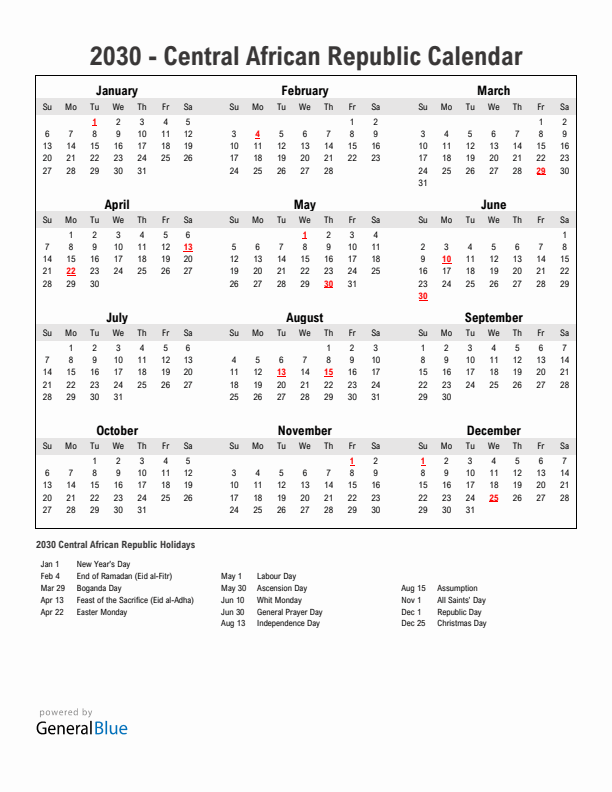 Year 2030 Simple Calendar With Holidays in Central African Republic
