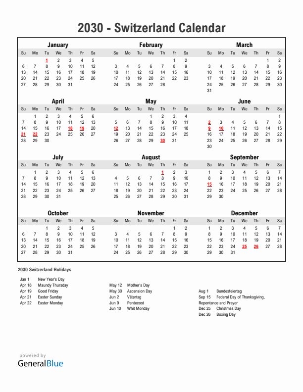 Year 2030 Simple Calendar With Holidays in Switzerland