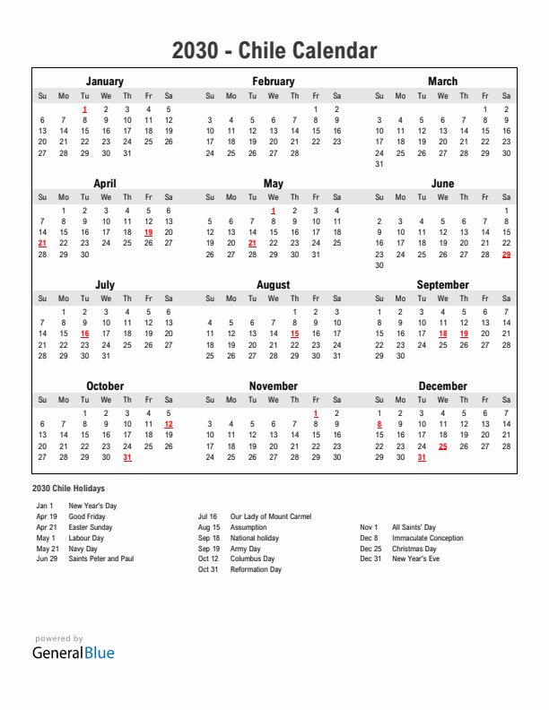Year 2030 Simple Calendar With Holidays in Chile
