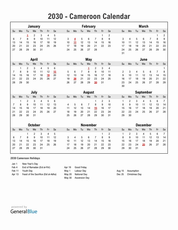 Year 2030 Simple Calendar With Holidays in Cameroon
