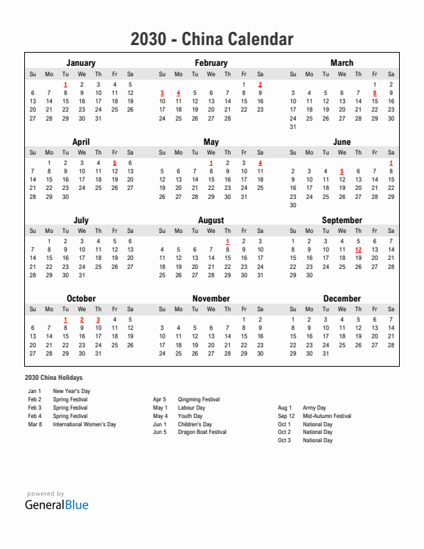 Year 2030 Simple Calendar With Holidays in China