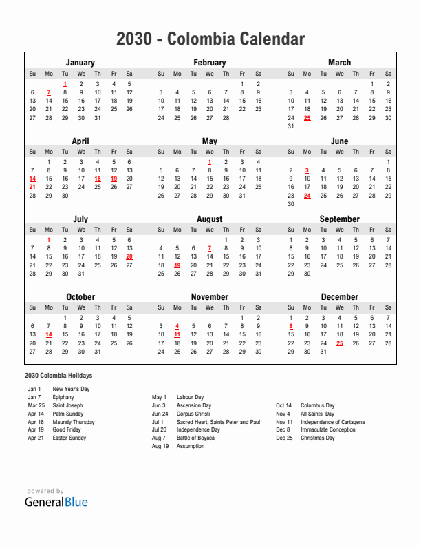 Year 2030 Simple Calendar With Holidays in Colombia