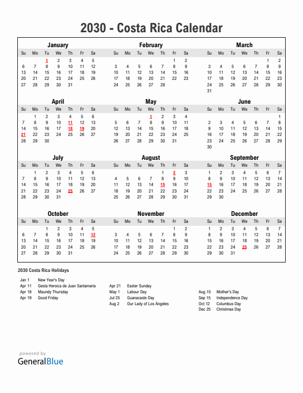 Year 2030 Simple Calendar With Holidays in Costa Rica