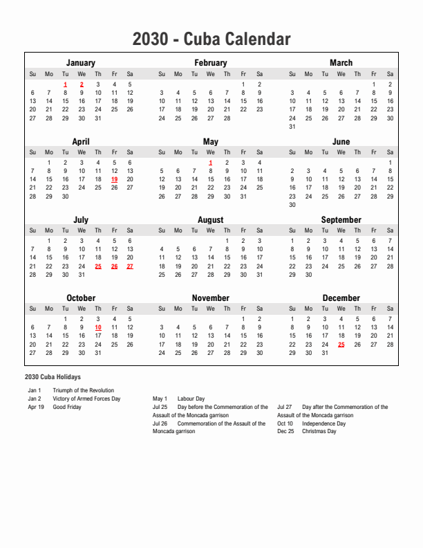Year 2030 Simple Calendar With Holidays in Cuba