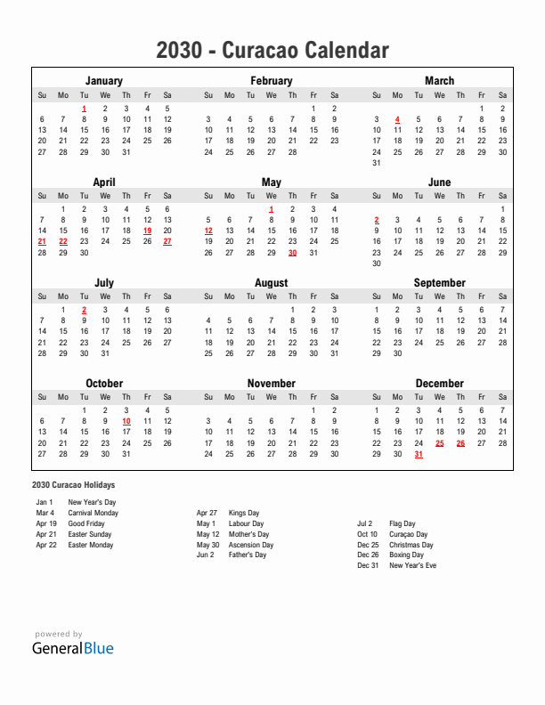 Year 2030 Simple Calendar With Holidays in Curacao