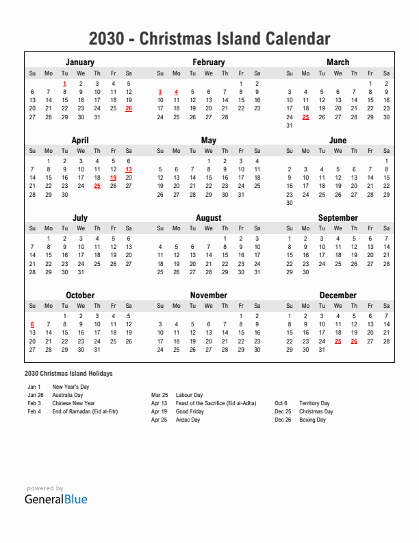 Year 2030 Simple Calendar With Holidays in Christmas Island
