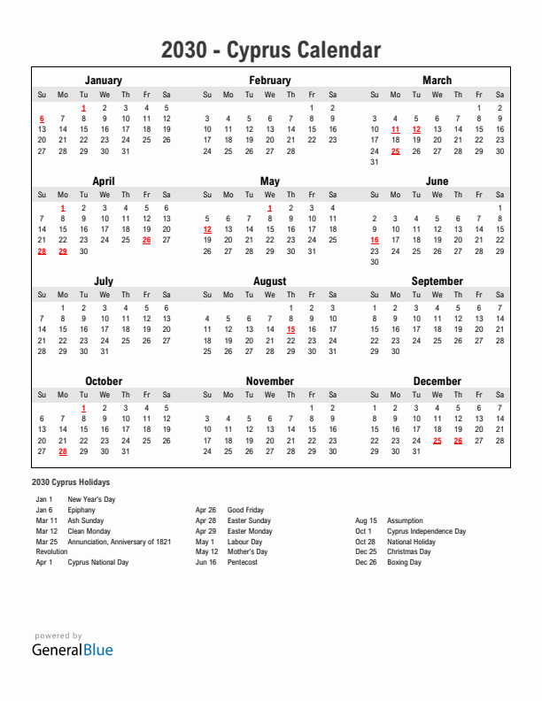 Year 2030 Simple Calendar With Holidays in Cyprus
