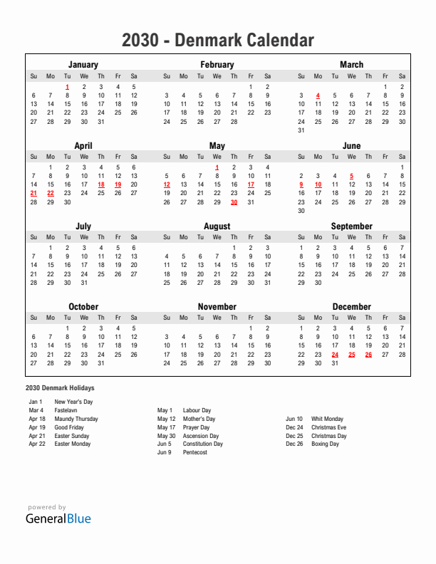 Year 2030 Simple Calendar With Holidays in Denmark