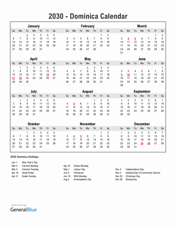 Year 2030 Simple Calendar With Holidays in Dominica