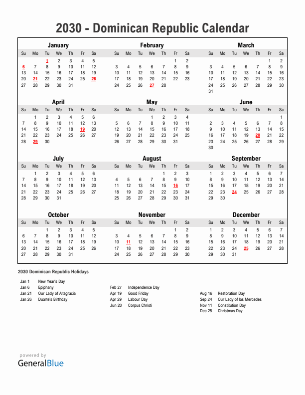 Year 2030 Simple Calendar With Holidays in Dominican Republic