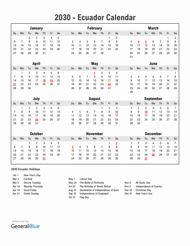 Year 2030 Simple Calendar With Holidays in Ecuador