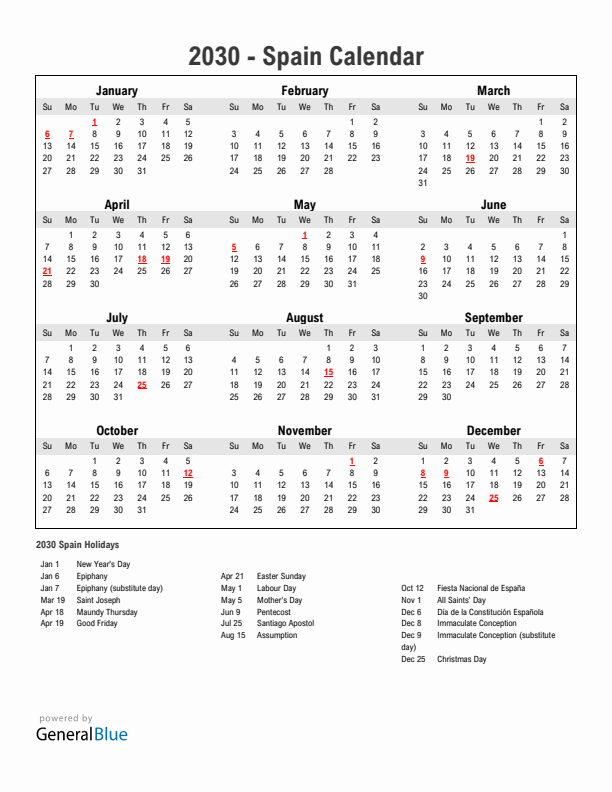 Year 2030 Simple Calendar With Holidays in Spain