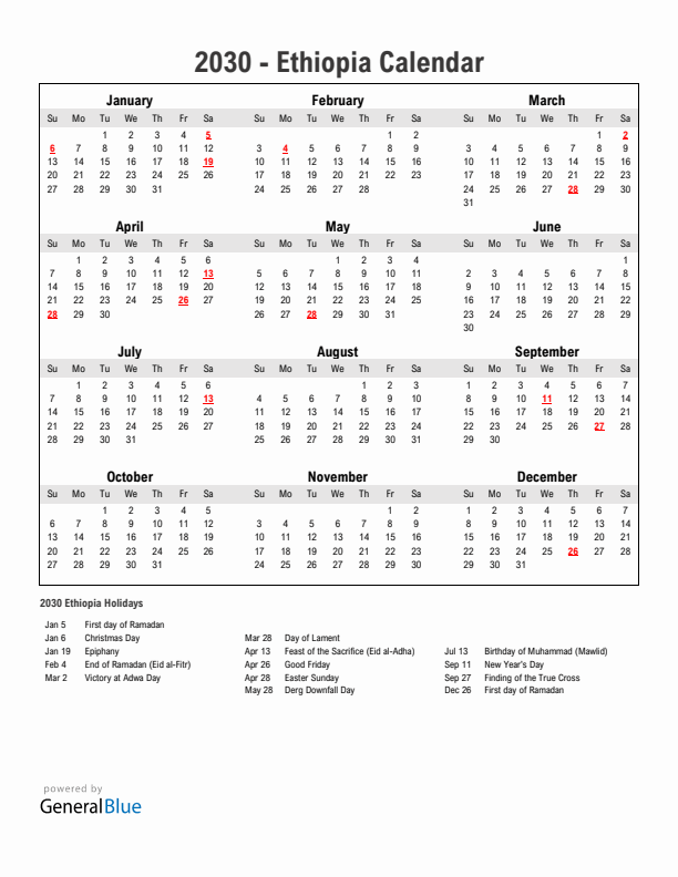 Year 2030 Simple Calendar With Holidays in Ethiopia