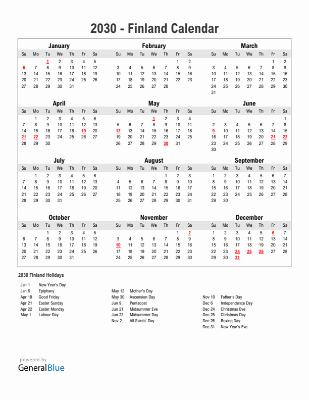 Year 2030 Simple Calendar With Holidays in Finland