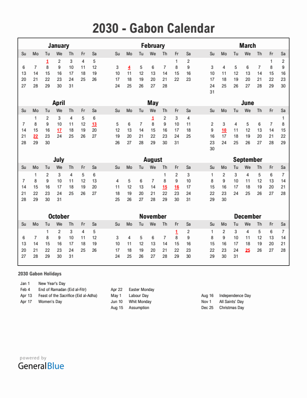 Year 2030 Simple Calendar With Holidays in Gabon