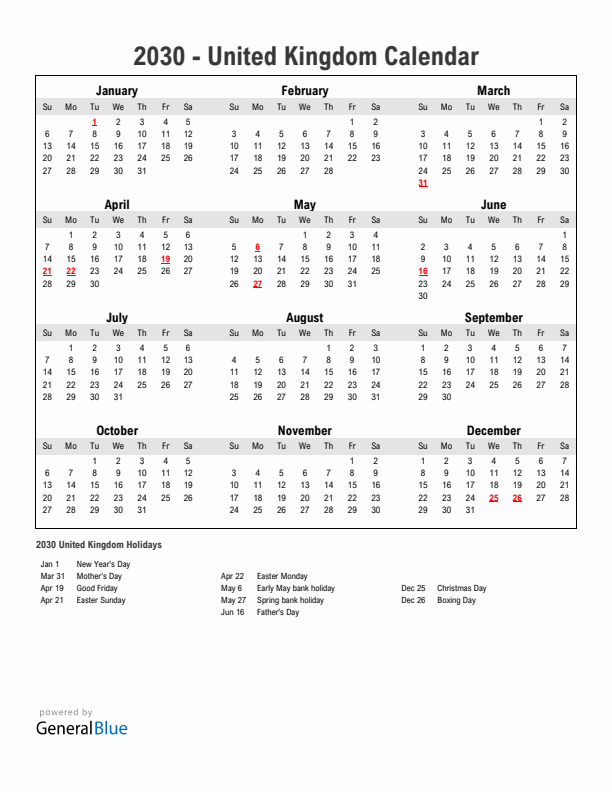Year 2030 Simple Calendar With Holidays in United Kingdom