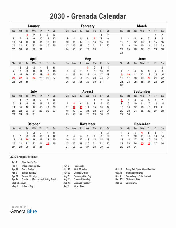 Year 2030 Simple Calendar With Holidays in Grenada