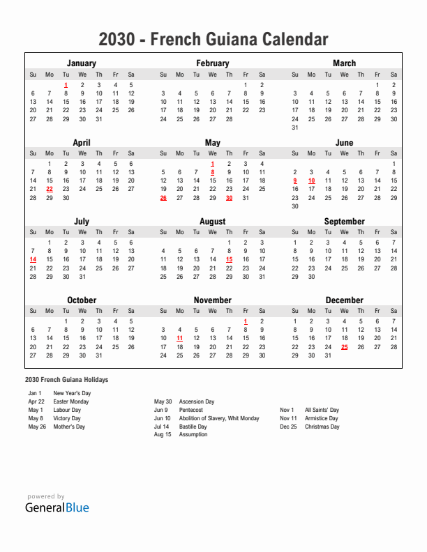 Year 2030 Simple Calendar With Holidays in French Guiana