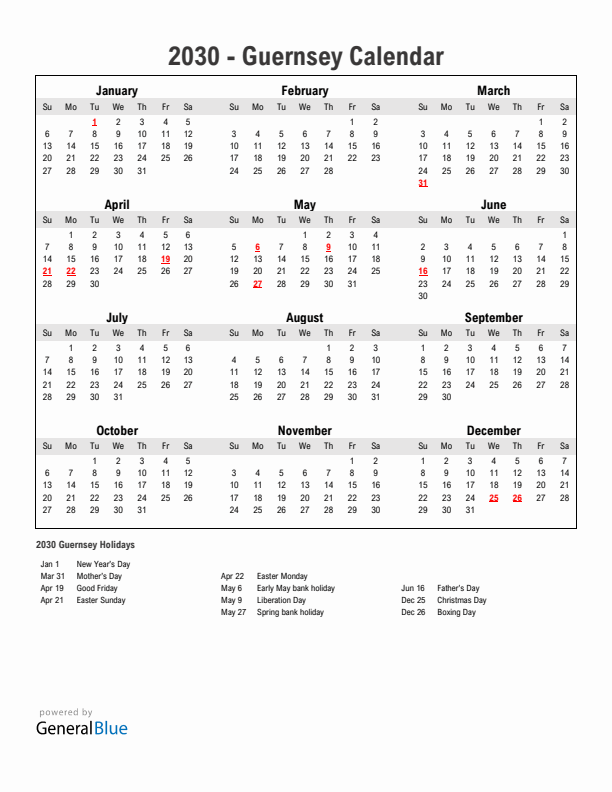 Year 2030 Simple Calendar With Holidays in Guernsey