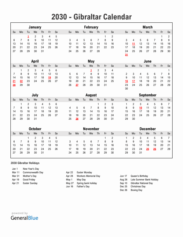 Year 2030 Simple Calendar With Holidays in Gibraltar