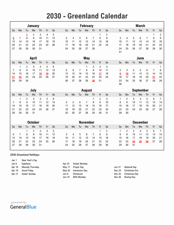 Year 2030 Simple Calendar With Holidays in Greenland