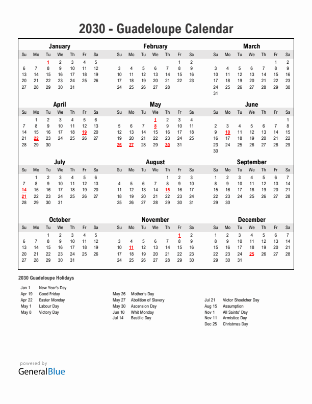 Year 2030 Simple Calendar With Holidays in Guadeloupe