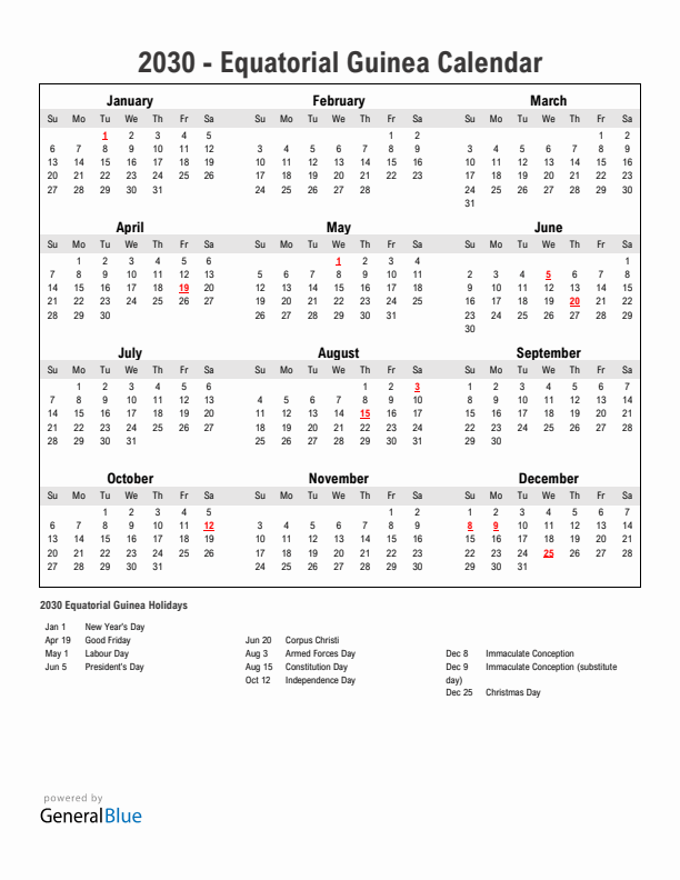 Year 2030 Simple Calendar With Holidays in Equatorial Guinea