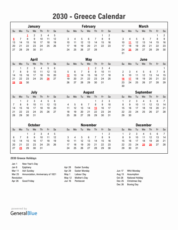 Year 2030 Simple Calendar With Holidays in Greece