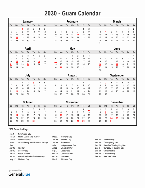 Year 2030 Simple Calendar With Holidays in Guam